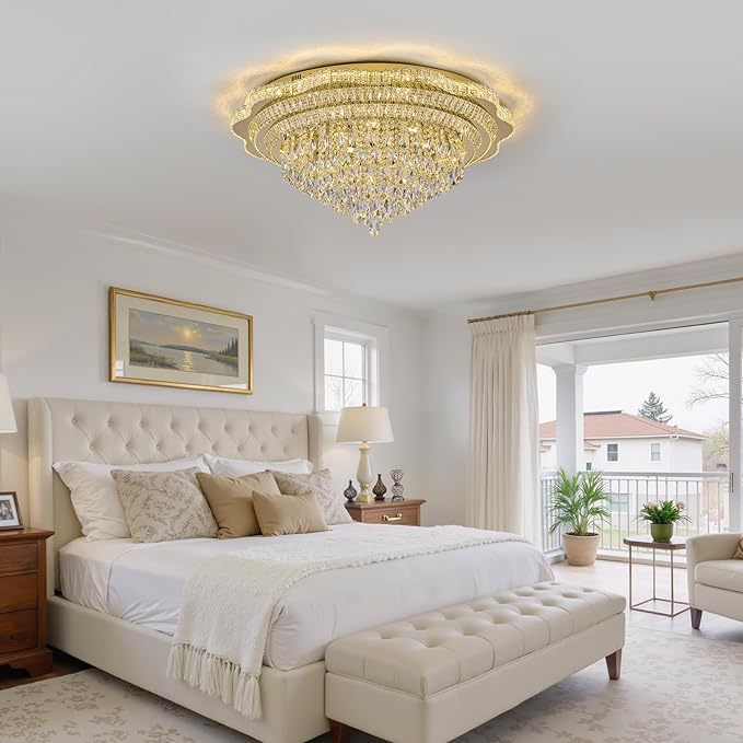 40" Gold Crystal LED Ceiling Light Fixture with Remote Control,Large Flush Mount Chandelier with 3-Color Dimmable for Living Room Bedroom Dining Room