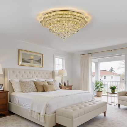 40" Gold Crystal LED Ceiling Light Fixture with Remote Control,Large Flush Mount Chandelier with 3-Color Dimmable for Living Room Bedroom Dining Room