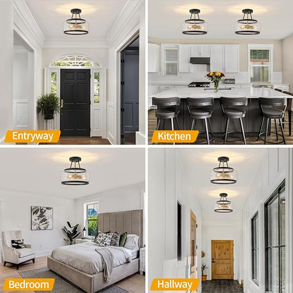 11.81" Black and Brushed Gold Close to Ceiling Light Fixtures, 3-Light Modern Drum Light Fixture, Hallway Ceiling Light, Glass Ceiling Lamp for Entryway Bedroom Laundry Room Dining Room Kitchen Lights