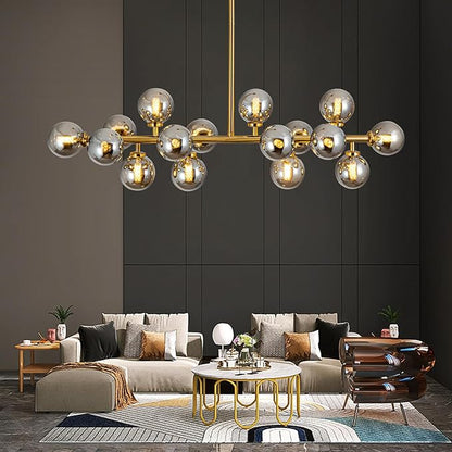 Modern Gold Linear Chandelier Rectanglar Modern Grey Globe Pendant Light Sputnik Chandeliers Hanging Light Fixture 16-Light