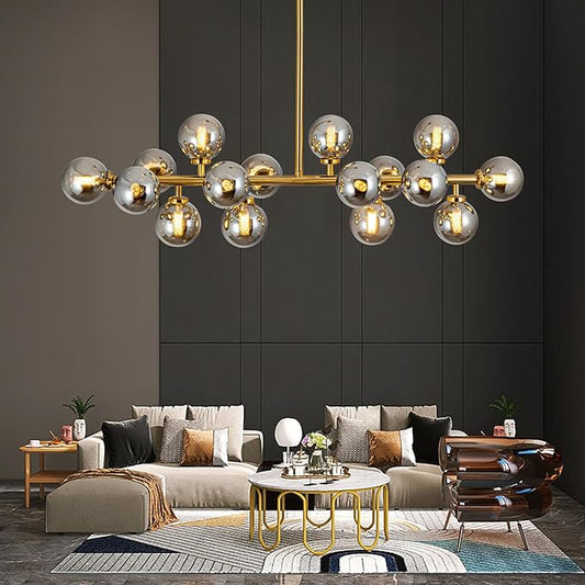 Modern Gold Linear Chandelier Rectanglar Modern Grey Globe Pendant Light Sputnik Chandeliers Hanging Light Fixture 16-Light