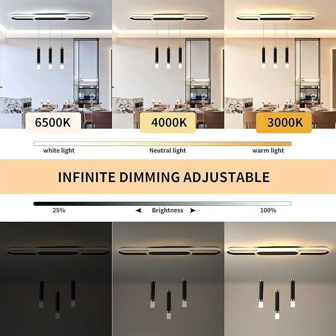 Jaycomey Modern LED Chandelier, Dimmable LED Ceiling Chandelier with Remote Control, 3-Light Acrylic Pendant Light for Dining Room, Kitchen Island, Living Room, 62W Black