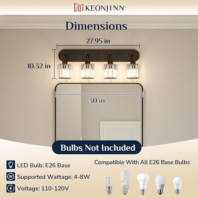 Keonjinn 4-Light Bathroom Light Fixtures, Crystal Black Bathroom Vanity Lights Over Mirror, Vanity Lighting Fixtures with Crystal Square Shades (E26 Socket, Exclude Bulb)