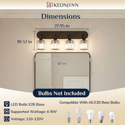 Keonjinn 4-Light Bathroom Light Fixtures, Crystal Black Bathroom Vanity Lights Over Mirror, Vanity Lighting Fixtures with Crystal Square Shades (E26 Socket, Exclude Bulb)