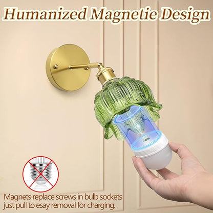 Wireless Wall Sconce with Flower lampshade, Battery Operated Wall Lights,Wall lamp with 15 Colors for Bedroom Living Room Home Decor (Green, 1 Light Battery Operated)