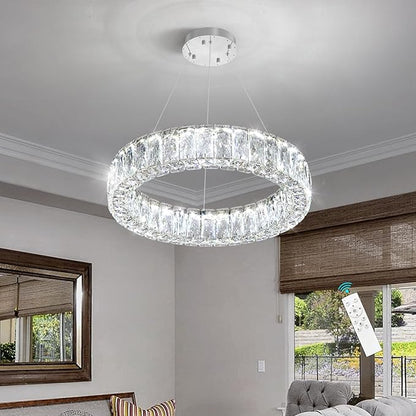 HAIXIANG Modern Crystal Chandelier Dimmable LED 16 Inch Ring Pendant Lights Adjustable Glam Chandeliers Lighting Fixtures for Dining Room Living Room Bedroom Silver Light