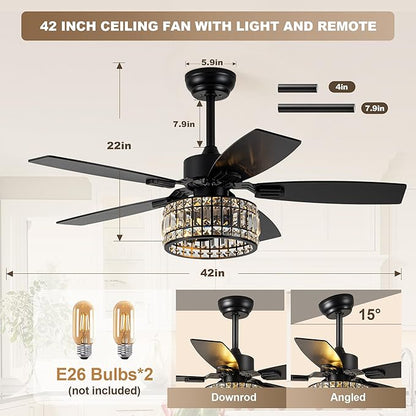 Chandelier Ceiling Fans with Lights and Remote,Caged Ceiling Fan with Light,App 5 Blades E26 Fandelier Ceiling Fans with Lights,Crystal Ceiling Fan for Bedroom,Living Room. (Black, 42 Inch)