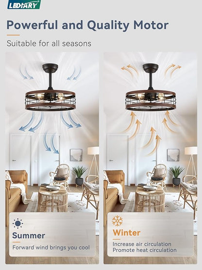LEDIARY 18 inch Black Caged Ceiling Fan with Light, Bladeless Industrial Ceiling Fan with Remote, Farmhouse Fan Lights Ceiling Fixtures for Kitchen, Bedroom, Outdoor（6 Speed, Timing）-Walnut
