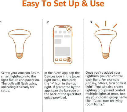 Amazon Basics Smart BR30 LED Light Bulbs, Color Changing, 9W (60W Equivalent), 800LM, Energy Efficient, Voice Control, Works with Alexa Only, 2.4 GHz Wi-Fi, No Hub Required, 8-Pack