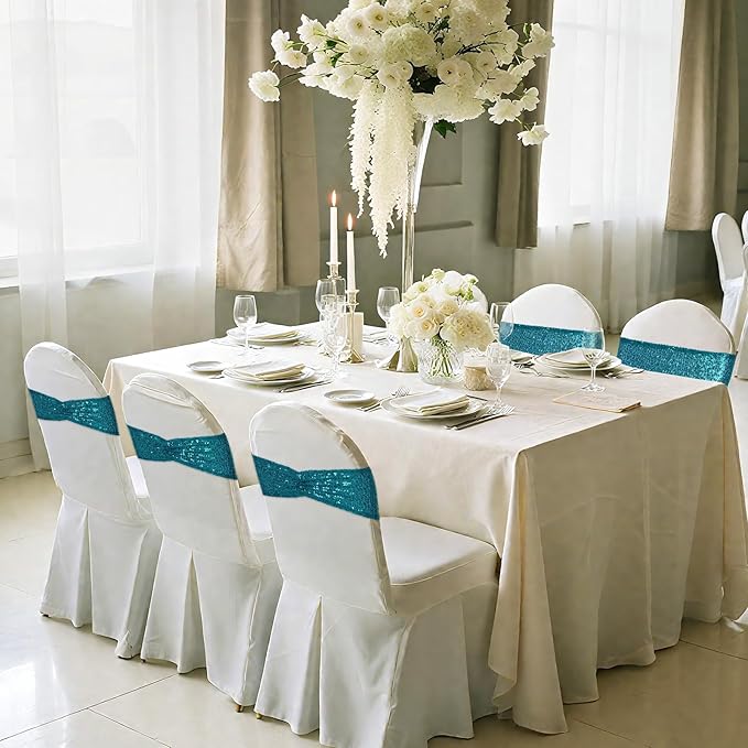 Poise3EHome Teal Sequin Chair Sashes 100 Pack,Folding Chair Cover Bands for Wedding Party Ceremony Banquet Decorations