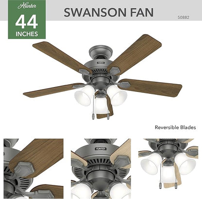 Hunter 44 inch Indoor Ceiling Fan with LED Lights - Ceiling Fan with Pull Chain, For Bedroom, Living Room, or Kitchen, Standard Mount, No Remote, 5 Blades - Swanson 50882, Matte Silver