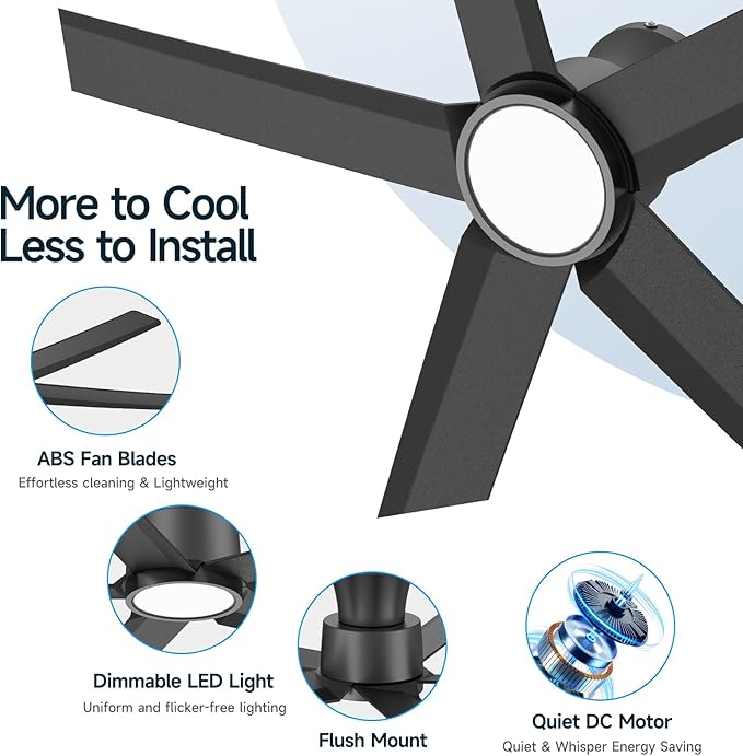 ocioc Smart Ceiling Fans with Lights,52 inch,Reversible Quiet DC Motor,Dimmable,Black Ceiling Fan Compatible with Alexa Google home Indoor/Outdoor