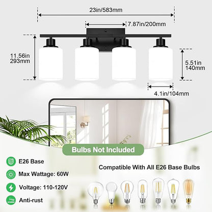 Indoi 4-Light Bathroom Light Fixtures, Matte Black Vanity Lights with Milk Glass Shades, Modern Bathroom Wall Lamp for Mirror Living Room Bedroom Porch