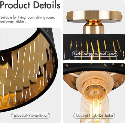 Modern Ceiling Light Fixture, 10 Inch Semi Flush Mount Lamp with Black Cut-Out Linen Shade, E26 Base, Gold for Kitchen Bedroom Hallway Closet Entryway Room Small Spaces