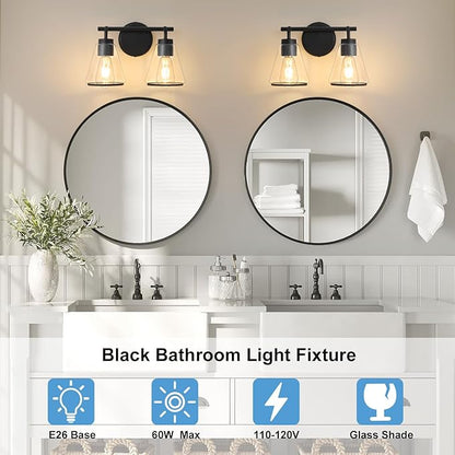 Black Bathroom Vanity Light 2 Lights Bathroom Light Fixtures Over Mirror Vanity Lighting Fixtures with Clear Glass Shade 14 inch Modern Vanity Lights for Bathroom Wall Sconce Lights for Bedroom