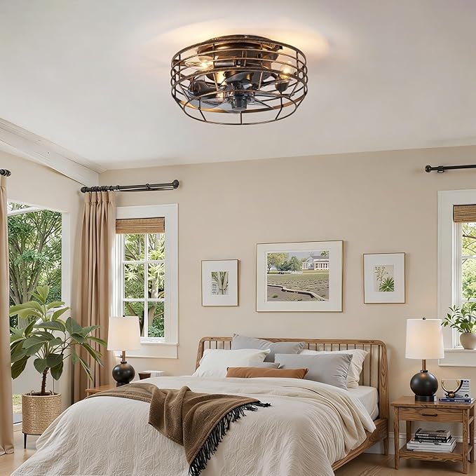 Farmhouse Caged Ceiling Fan with Light, Remote Control Flush Mount Fan Lights Ceiling Fixtures 12 In, 6 Speeds Bladeless Quiet Reversible Motor Indooor Lights for Living Room, Bedroom, Black and Gold
