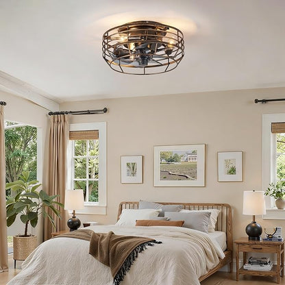 Farmhouse Caged Ceiling Fan with Light, Remote Control Flush Mount Fan Lights Ceiling Fixtures 12 In, 6 Speeds Bladeless Quiet Reversible Motor Indooor Lights for Living Room, Bedroom, Black and Gold
