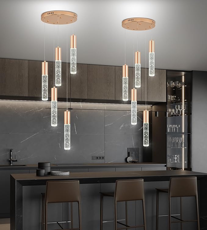 Modern Crystal Chandelier for Kitchen Island 5-Lights, Elegant Gold LED Bubble Pendant Lighting Fixture for Dining Room Bedroom Entryway
