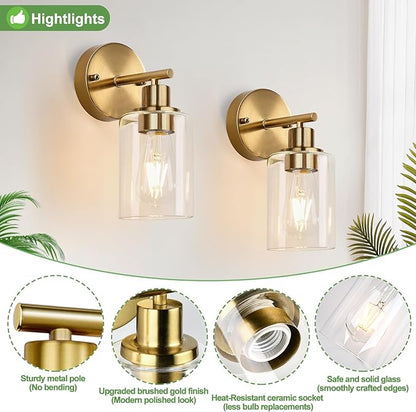 Zarbitta Set of 2 Wall Sconces for Bathroom, Brushed Gold Modern Vanity Lights with Clear Glass Shade,Bathroom Wall Lamp for Mirror Kitchen Living Room Hallway Cabinet Porch