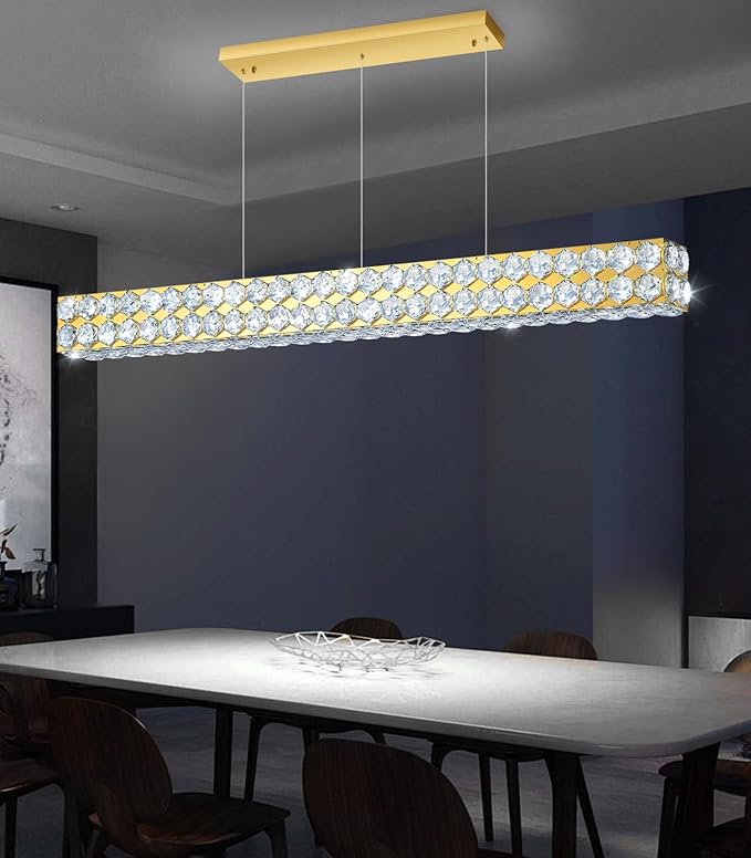 47'' Modern Crystal Chandelier for Dining Room Ceiling Light Fixture for Living Room Hallway Lighting LED Dimmable with Remote Gold
