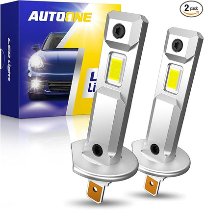 AUTOONE H1 LED Bulbs, 40000LM 800% Ultra Bright, 6500K Cool White 1:1 Mini Halogen Size Accessory Fog Light, 60000HRS+ Lifespan, Non-polarity Plug and Play, Pack of 2