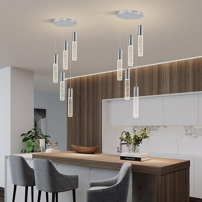 Modern Crystal Chandelier for Kitchen Island 5-Lights, Elegant Chrome LED Bubble Pendant Lighting Fixture for Dining Room Bedroom Entryway
