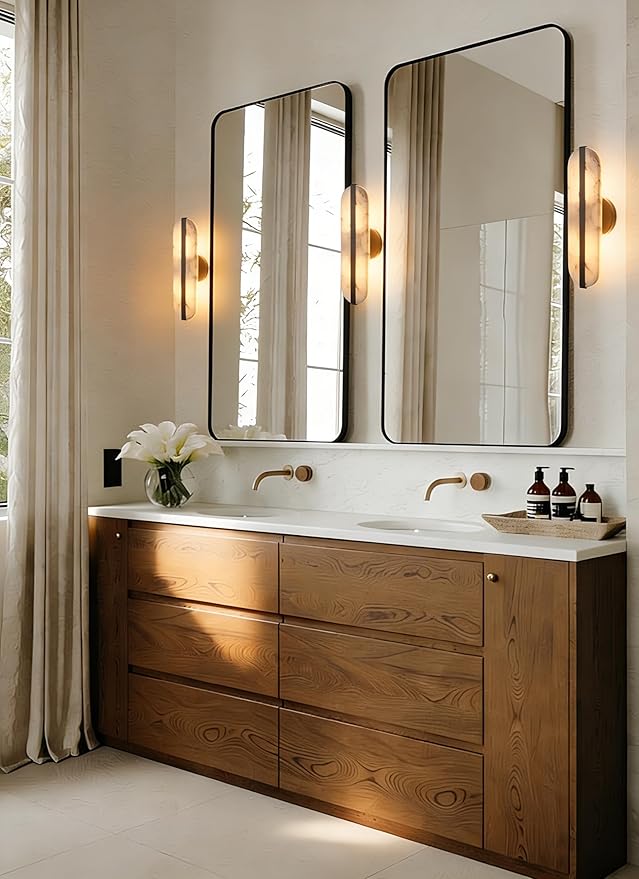 15.7" Natural Alabaster Wall Sconces Marble Wall Sconces Black Bathroom Vanity Wall Light Fixtures Modern Oval Stone Wall Lamp for Bedroom Living Room Hallway Restaurant