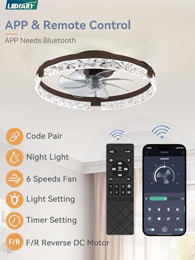 LEDIARY 2 Pack 20 Inch Ceiling Fans with Lights and Remote, Fandelier Modern Low Profile Ceiling Fan, 3000K-6000K Dimmable LED Fan Light, Brown Flush Mount Ceiling Fans with Lights for Bedroom