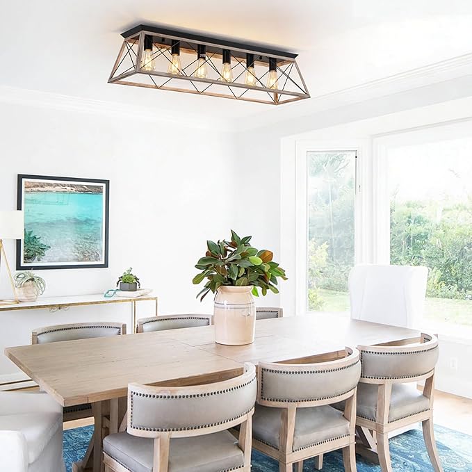 38" Large Rectangular Flush Mount Ceiling Light Fixture, 6-Light Vintage Industrial Farmhouse Cage Chandelier for Dining Room Kitchen Island Living Room Hallway, Oak White Close to Ceiling Lighting
