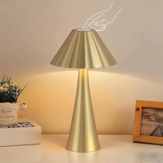 Cordless Rechargeable Table Lamps, Metal LED Desk Lamp with Top Touch Control & Stepless Dimming, Portable Battery-Operated Bedside Lamp for Bedroom, Living Room, Office, Café, Outdoor(Gold)