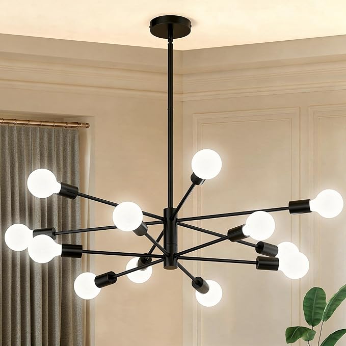 Sputnik Chandelier 12-Light, Mid Century Modern Height Adjustable Ceiling Light Fixture for Dining Room, Kitchen Island, Living Room,Bedroom-Black