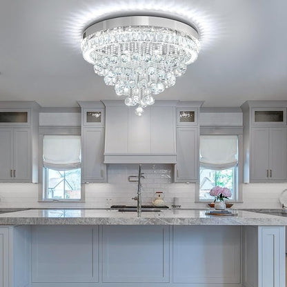 Dia 24" Modern Crystal Chandeliers for Dining Room,Silver Raindrop Chandelier Flush Mount Chandeliers for Living Room Bedrooms Dining Room Dimmable 2700k 4500k 6000k