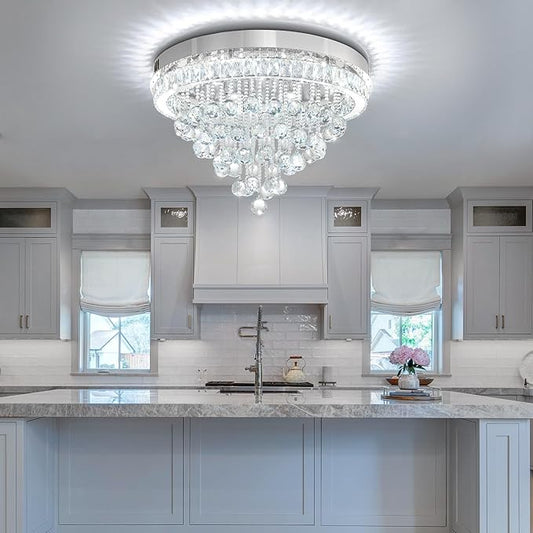 Dia 24" Modern Crystal Chandeliers for Dining Room,Silver Raindrop Chandelier Flush Mount Chandeliers for Living Room Bedrooms Dining Room Dimmable 2700k 4500k 6000k
