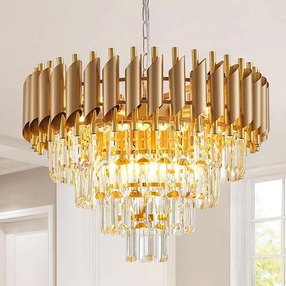 Modern Crystal Chandelier Gold Chandeliers 4-Tier 20 Inch Round Hanging Crystal Pendant 7 Lights Fixture for Dining Room Bedroom Living Room Farmhouse