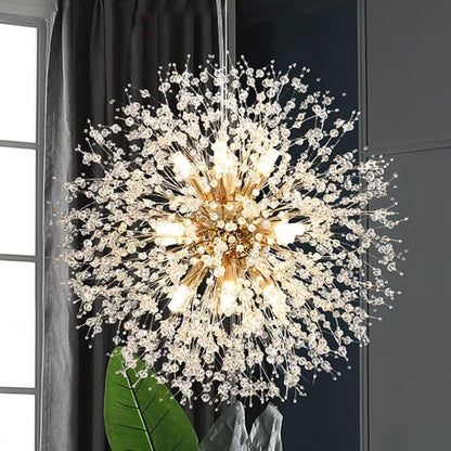 Gold Crystal Chandeliers 12-Light Modern Dandelion Light Fixture,Firework Chandelier,Personalized Ceiling Hanging Lighting for Bedroom,Dining Room,Living Room Chandelier