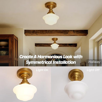 Modern Schoolhouse Semi Flush Mount Ceiling Light,Brass Gold Close to Ceiling Light Fixtures with Milky White Glass Hallway Ceiling Lamp for Laundry Kitchen Entryway Bathroom E26