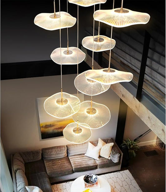 ziidoo High Ceiling Chandelier - 18-Light Dimmable Modern Gold Long Spiral Luxury Linear Lotus Leaf Led Lamp Hanging Pendant Lights for Foyer Enterway Staircase Villas