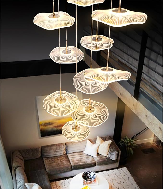 ziidoo High Ceiling Chandelier - 24-Light Dimmable Modern Gold Long Spiral Luxury Linear Lotus Leaf Led Lamp Hanging Pendant Lights for Foyer Enterway Staircase Villas