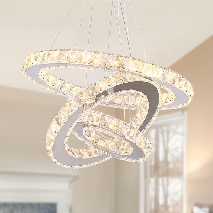 Modern Crystal Chandelier LED 3 Ring Chandeliers Stainless Steel Adjustable Pendant Light for Dining Room Living Room Bedroom Warm White