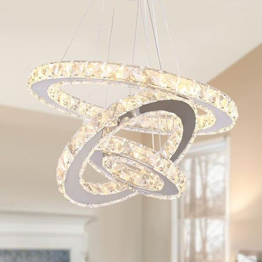 Modern Crystal Chandelier LED 3 Ring Chandeliers Stainless Steel Adjustable Pendant Light for Dining Room Living Room Bedroom Warm White
