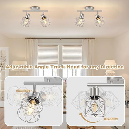 Baocuz 2-Light Brushed Nickel Semi Flush Mount Ceiling Light, Hallway Light Fixtures with Metal Wire Cage, Vintage Adjustable Track Spotlight Ceiling Fixtures for Dining Room, Farmhouse, Entryway
