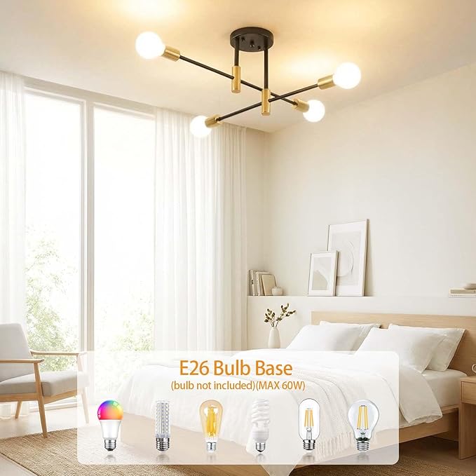 Modern Sputnik Chandelier 4-Light Adjustable Ceiling Light Fixture Black and Gold Semi Flush Mount Ceiling Lamp with E26 Base Industrial Ceiling Light for Dining Room Bedroom Living Room