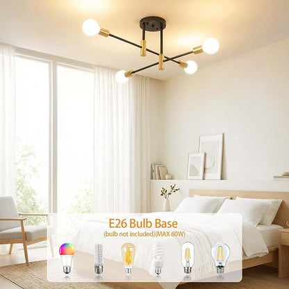 Modern Sputnik Chandelier 4-Light Adjustable Ceiling Light Fixture Black and Gold Semi Flush Mount Ceiling Lamp with E26 Base Industrial Ceiling Light for Dining Room Bedroom Living Room
