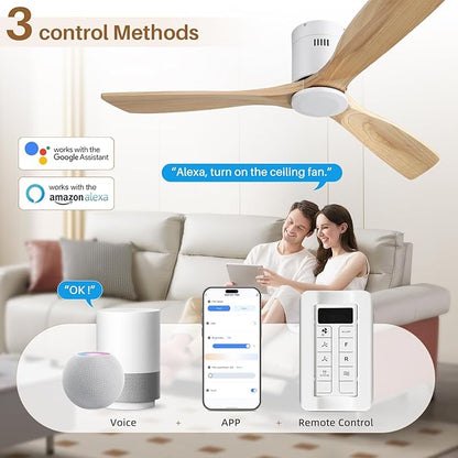 CACI Mall 52 Inch Smart Ceiling Fan without Light, Flush Mount, 3 Blades Solid Wood, Low Profile, Modern, Outdoor/Indoor Ceiling Fans No Light for Bedroom/Farmhouse/Patio