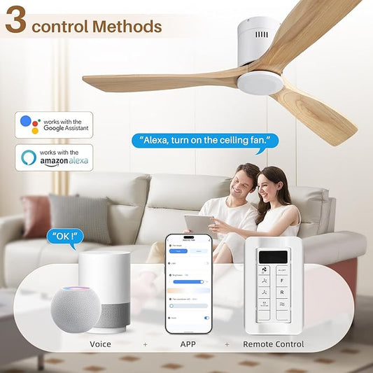 CACI Mall 52 Inch Smart Ceiling Fan without Light, Flush Mount, 3 Blades Solid Wood, Low Profile, Modern, Outdoor/Indoor Ceiling Fans No Light for Bedroom/Farmhouse/Patio