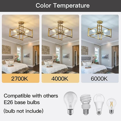 ZGLAOJT 4-Lights Ceiling Light Gold Light Fixture Industrial Flush Mount Ceiling Light Farmhouse Chandelier Lighting for Kitchen Island Dining Room Bedroom Foyer Hallway