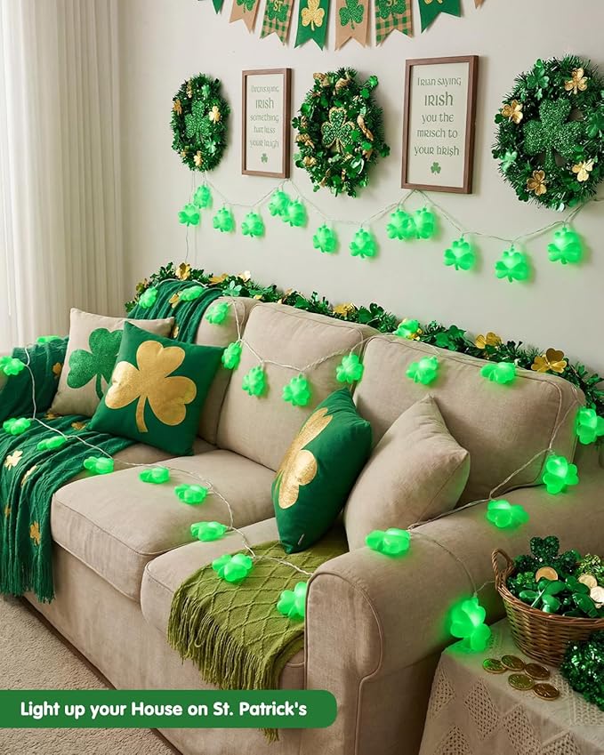 SUNSGNE St. Patrick's Day Lights Shamrocks Decorative String Light, Lucky Clover String Lights with 10 LED Green Fairy Bulbs for Indoor Outdoor St. Patrick's Party Holiday Decor, White Wire