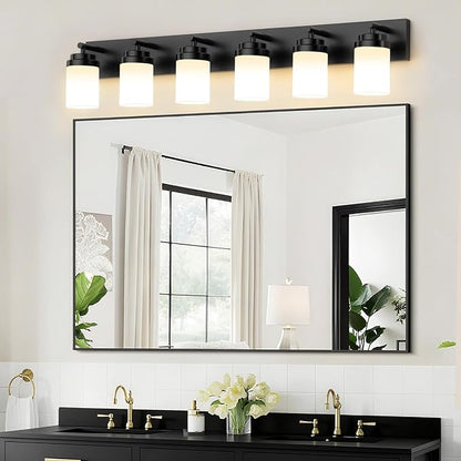 IZORRO Bathroom Vanity Light Fixture, 6-Light 46 Inch Matte Black Bathroom Light Fixtures Over Mirror, with White Glass Shade, Modern Farmhouse Vanity Lights, Rustic Restroom Lighting Fixtures