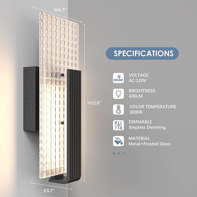 Modern Wall Sconce Set of Two Indoor, 12W Dimmable LED Wall Light Fixtures, Glass Wall Mount Lighting for Living Room Bedroom Bathroom Hallway Corridor, 3000K, Black