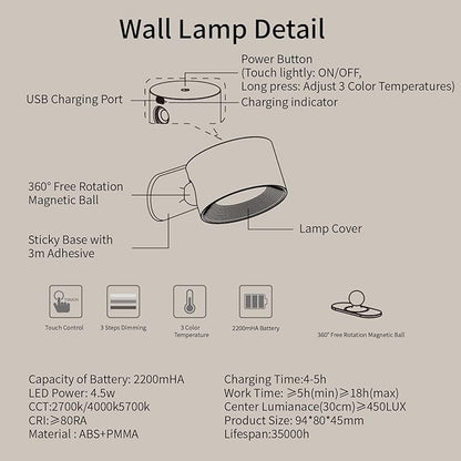 AKSDA LED Reading Lights, Wall Mounted Sconces with 3 Color Temperatures & 3 Brightness Levels, Rechargeable Battery Operated Touch Control 360° Magnetic Ball for Study Bedside Bedroom